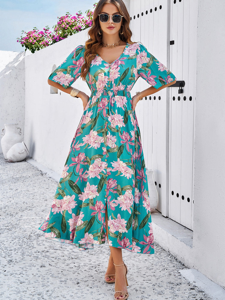 Vestido amplio con vuelo y estampado floral verde 