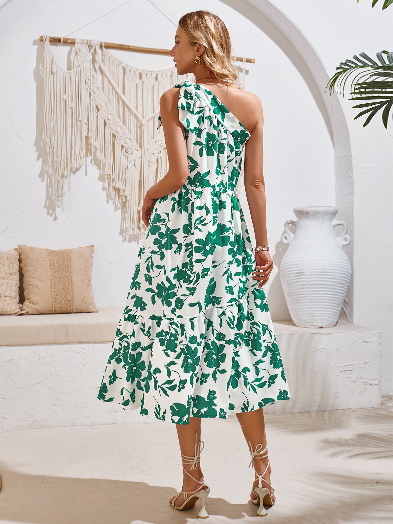 One Shoulder Floral Printed Pleated Dress