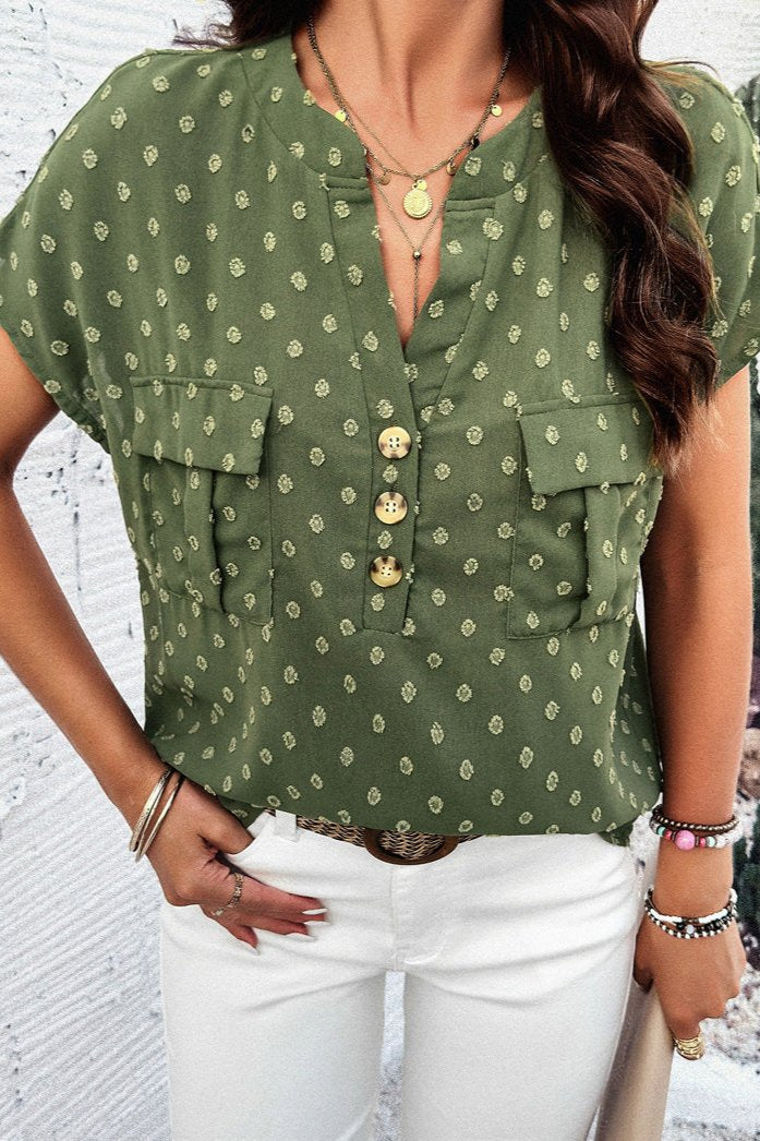 Blusa bordada con escote en V y mangas cortas de color verde chic 