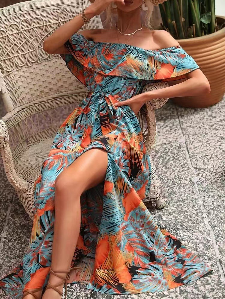 Elegant Off Shoulder Tropical Printed Slit Dress