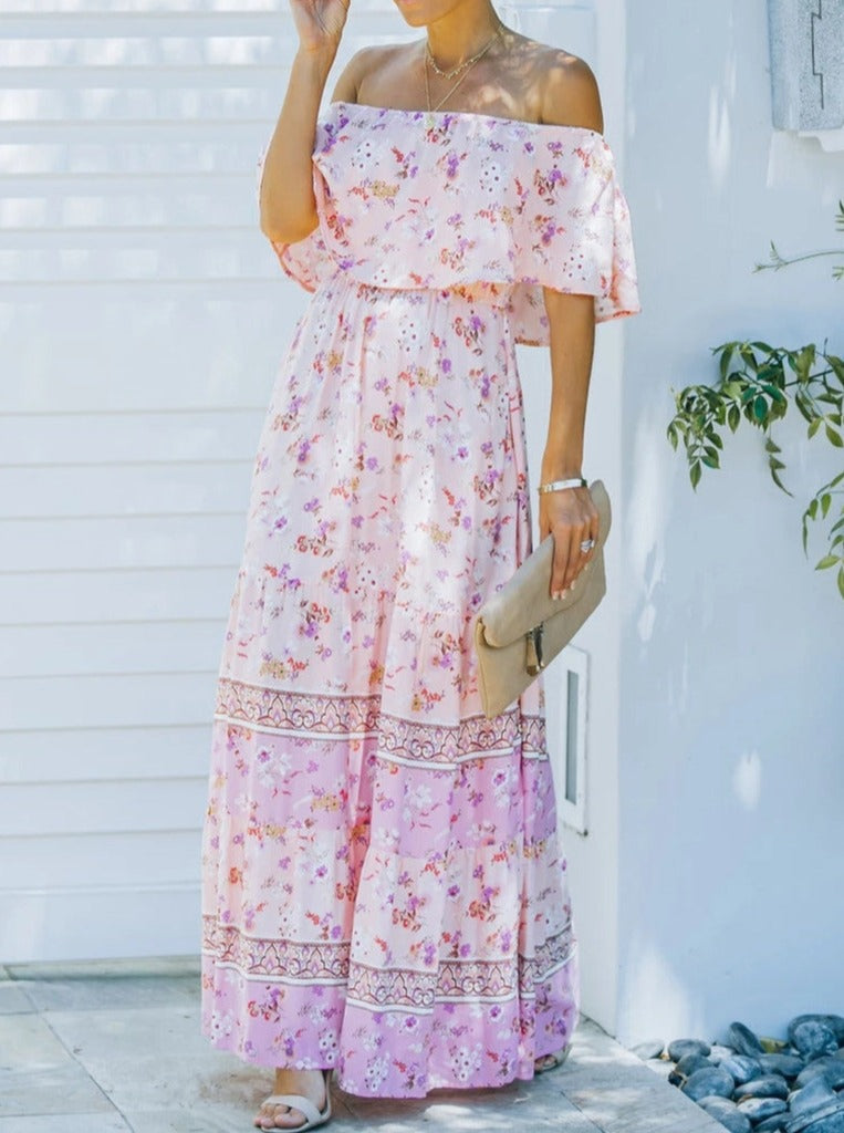 Vestido largo con hombros descubiertos y estampado retro floral rosa