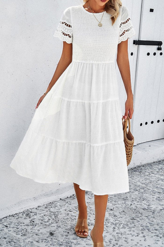 Vestido midi informal de color blanco liso con encaje de crochet y mangas en forma de A 