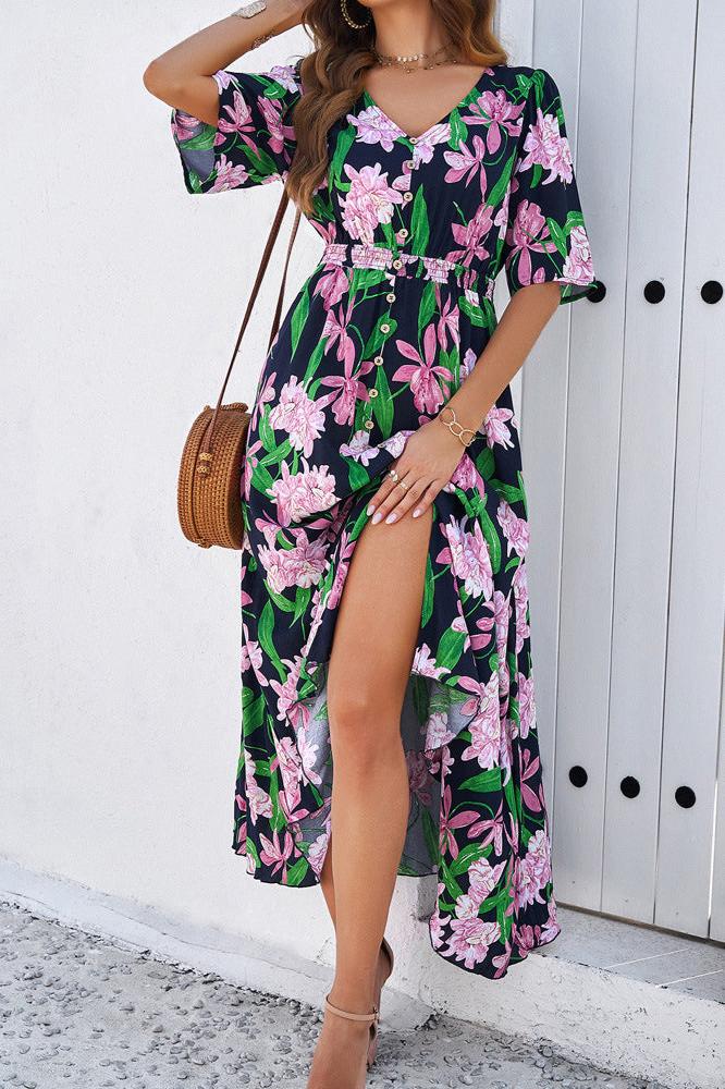 Vestido midi elegante de verano con escote en V y abertura lateral con flores