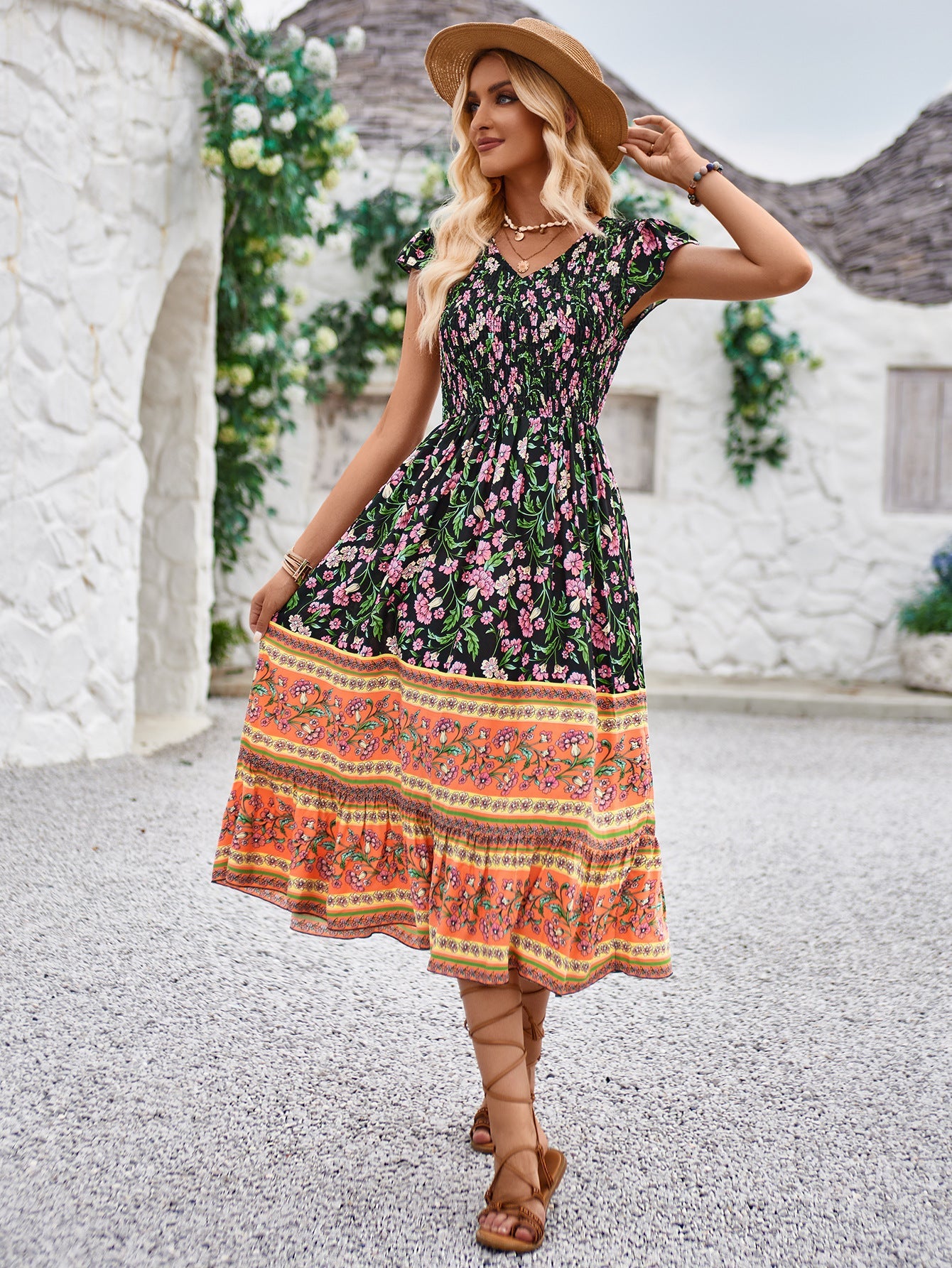 Casual Boho Floral Pleated High Waist Slim Dress