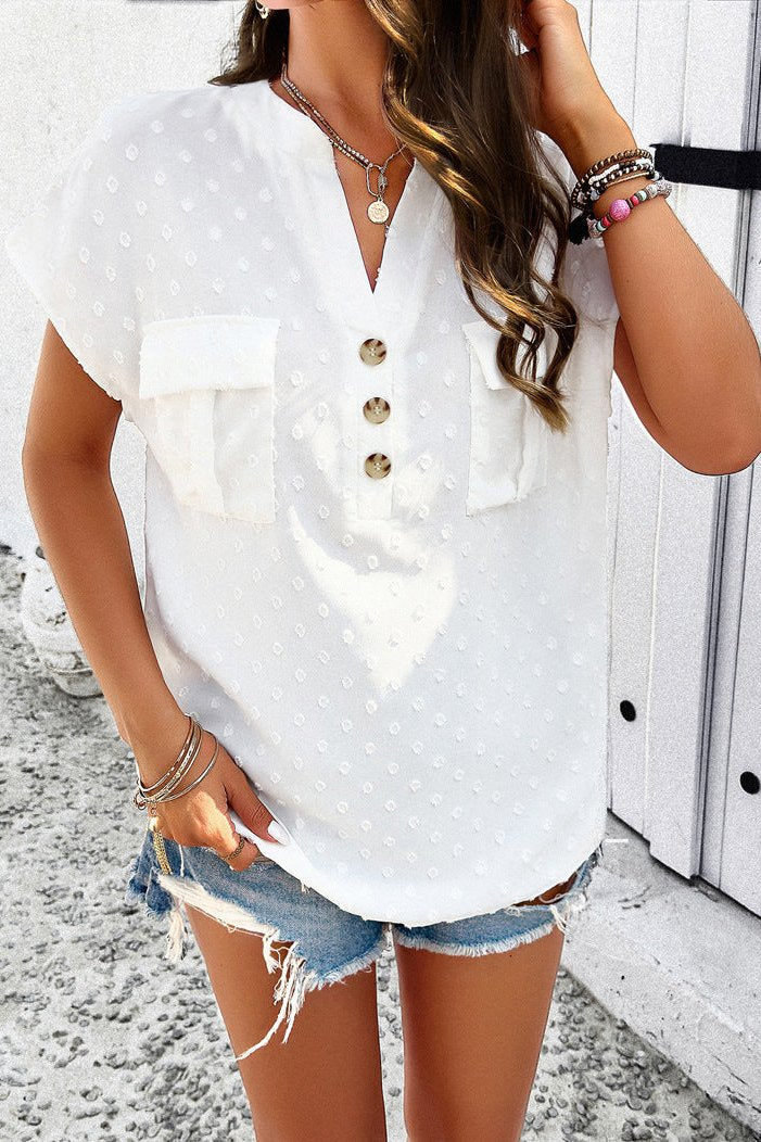 Blusa elegante blanca con escote en V y mangas cortas bordadas 