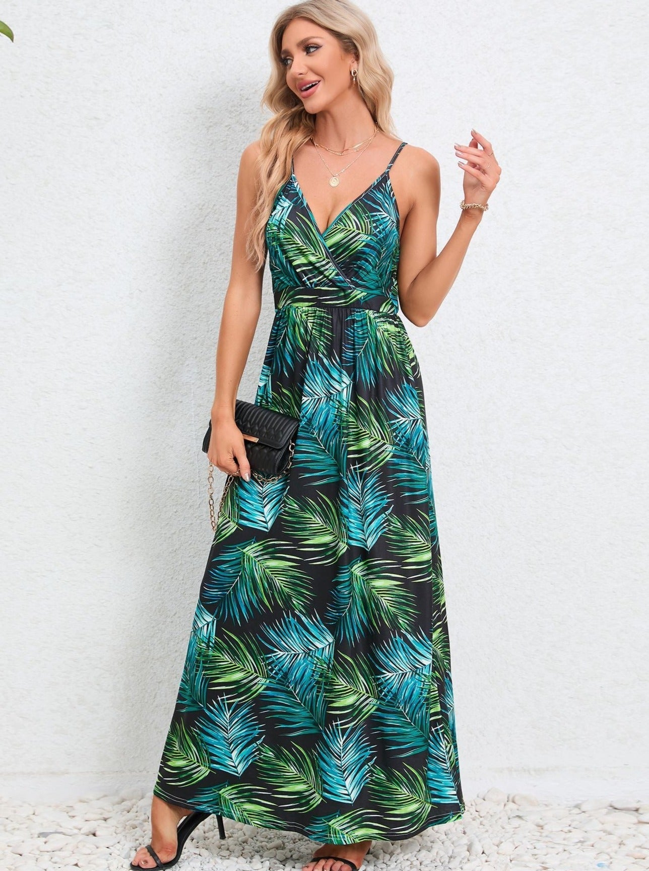 Green Tropical Printed Long Dress