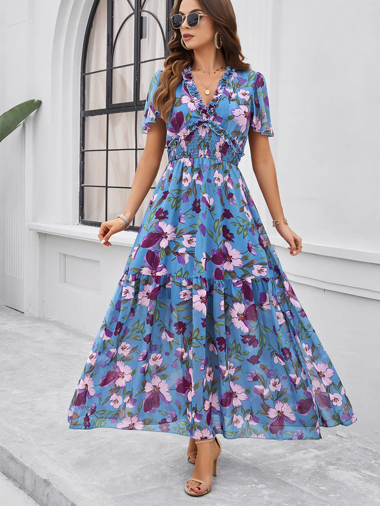 Blue V-Neck Floral Printed Sundress