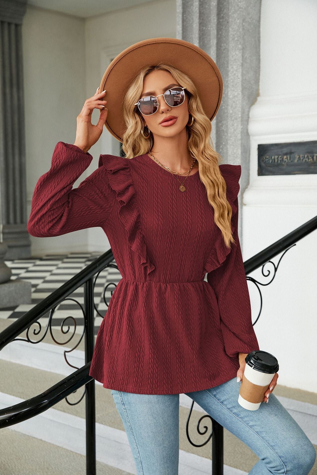 Classic Red Long Sleeve Round Neck Ruffle Blouse