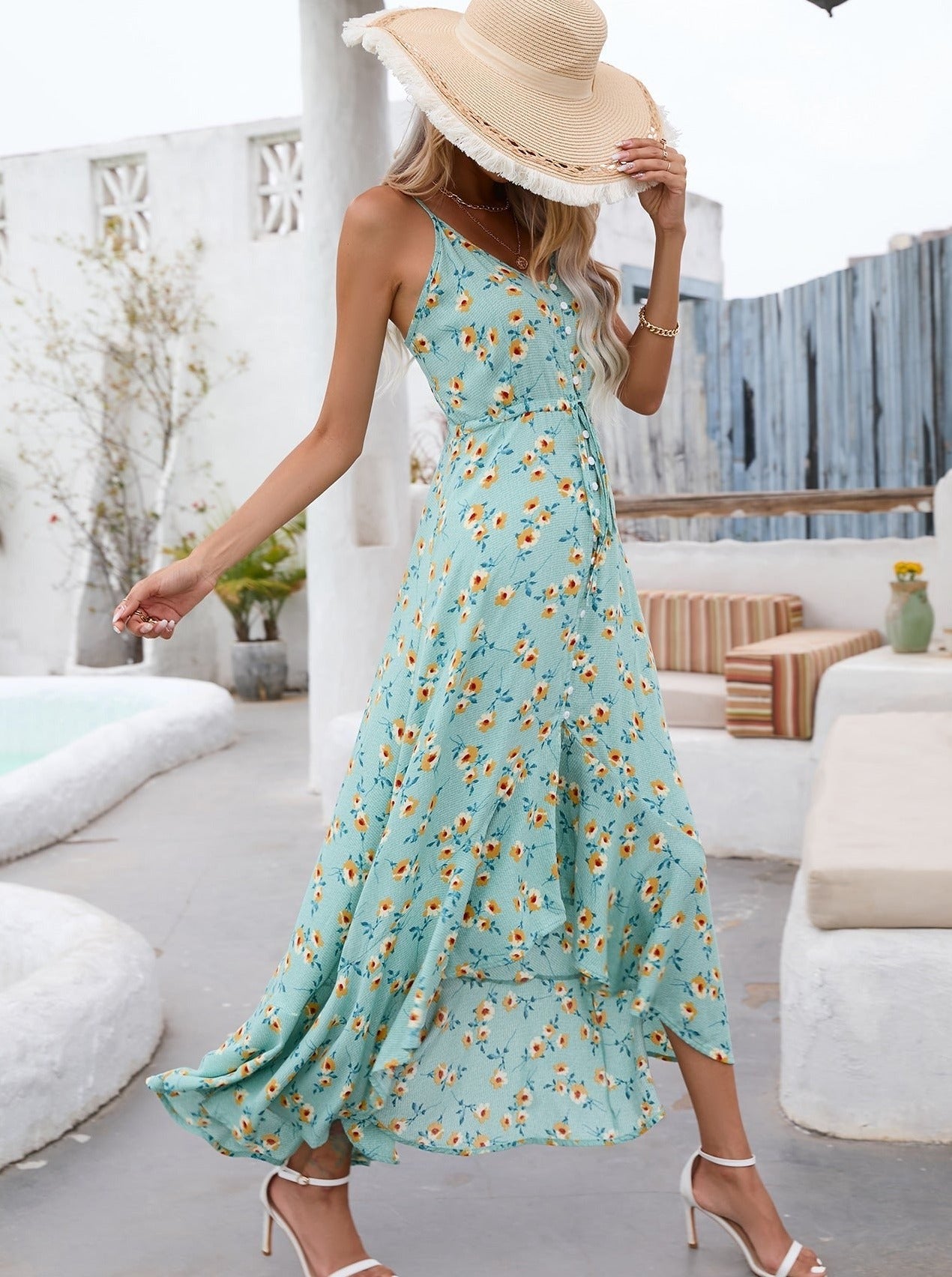 Vestido asimétrico con estampado floral verde azulado 