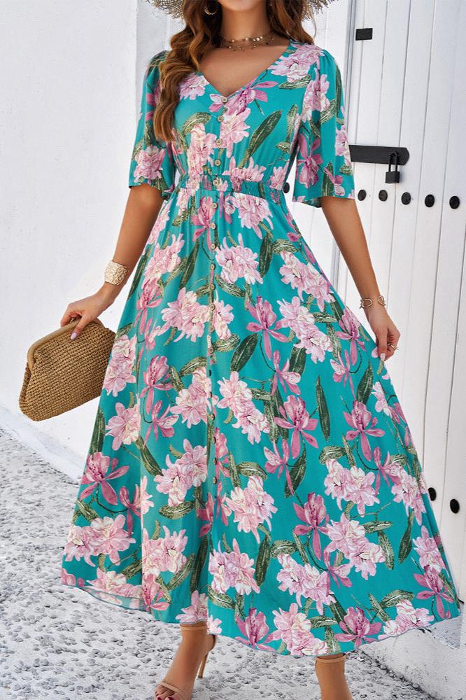 Vestido midi elegante de verano con escote en V y abertura lateral con flores