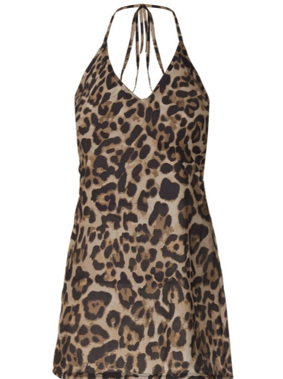 Vestido de verano sexy con cuello anudado y estampado de leopardo 