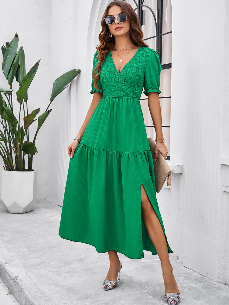 Elegant Midikleid Mit Schlitz Langarm V-Ausschnitt - Sommer Kleider Verschiedene Farben