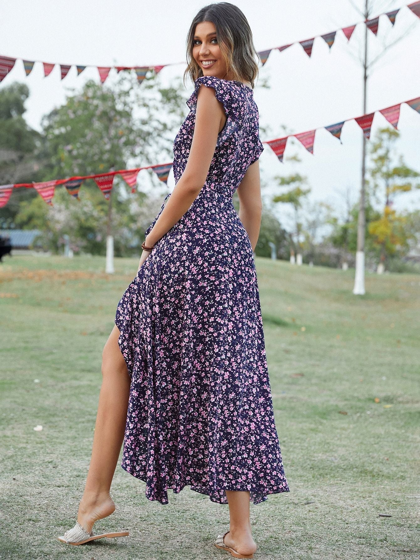 Vestido midi de algodón con abertura y estampado floral estilo bohemio 