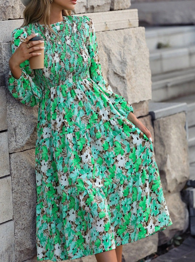 Vestido acampanado con mangas farol y estampado floral