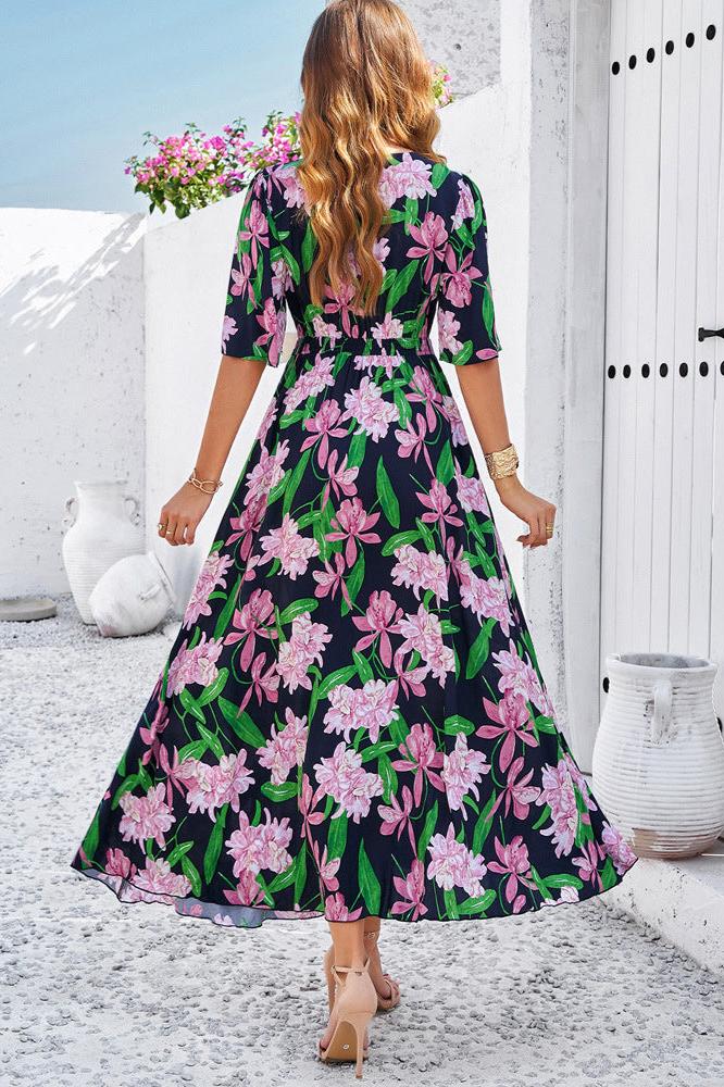 Vestido midi elegante de verano con escote en V y abertura lateral con flores