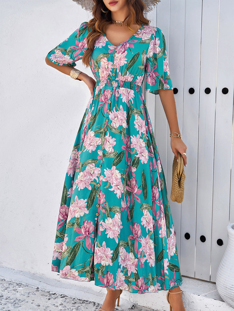 Vestido amplio con vuelo y estampado floral verde 