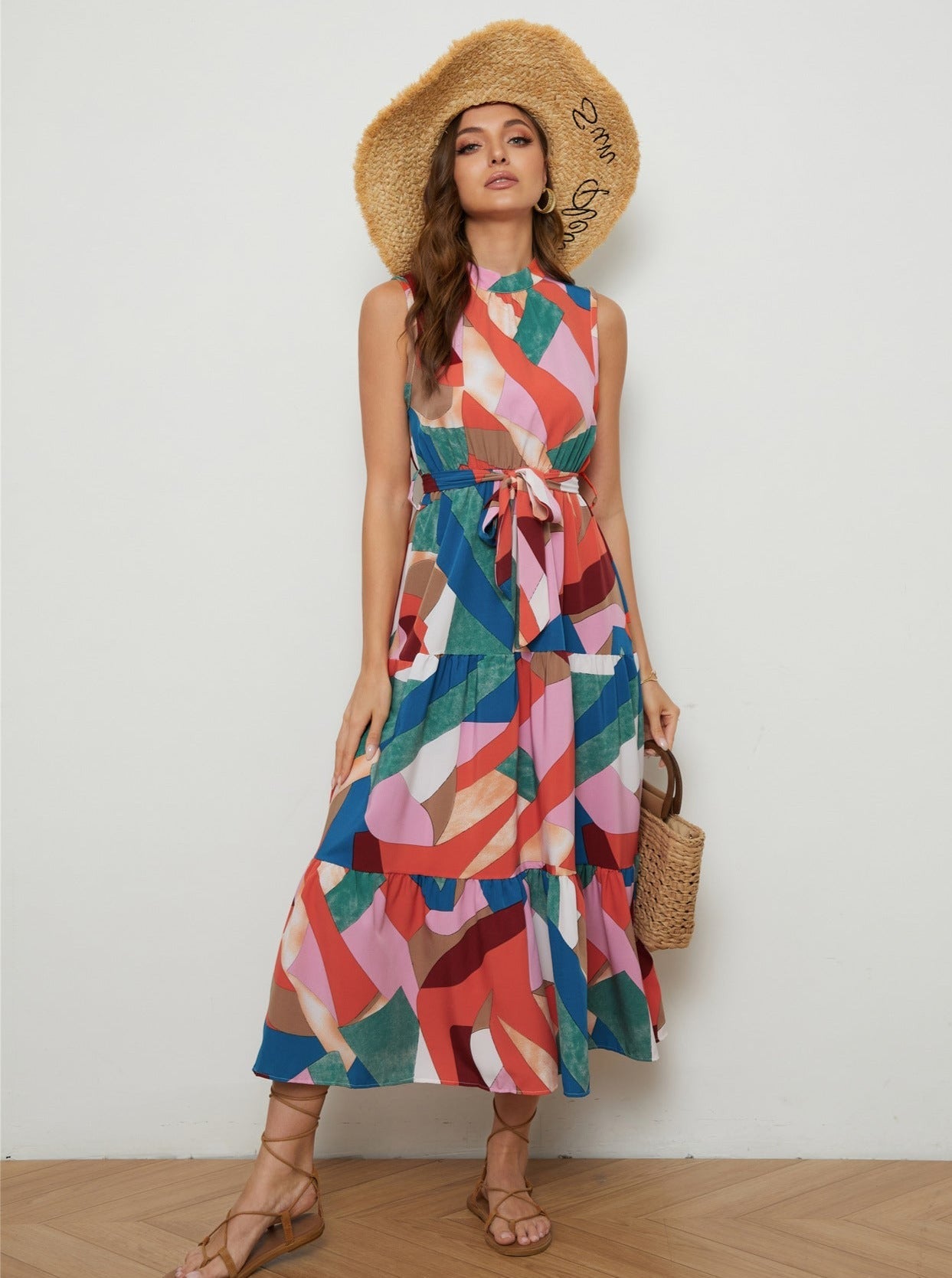 Multicolor Sleeveless Midi Sun Dress