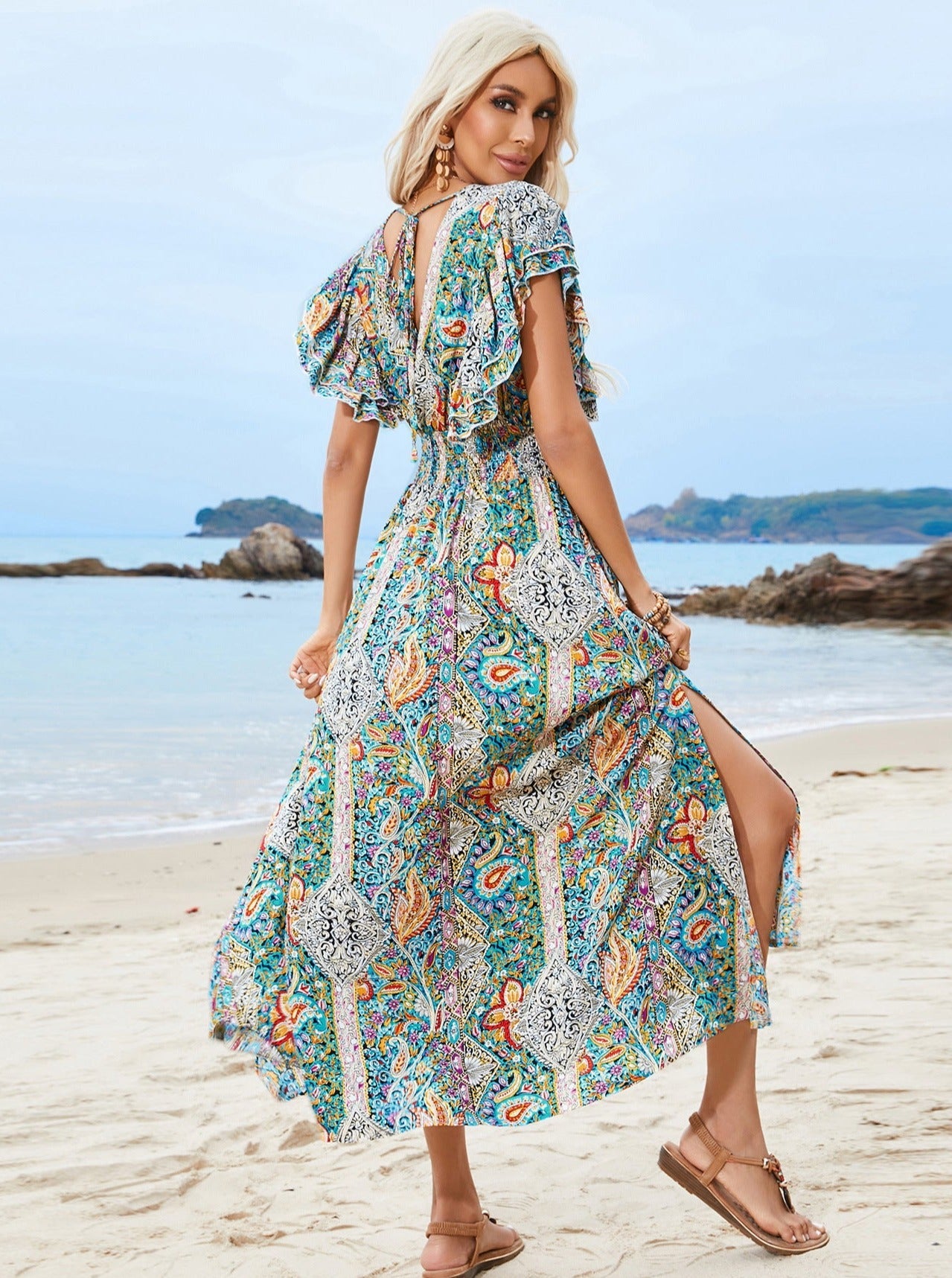 V-Neck Bohemian Printed Sun Dress