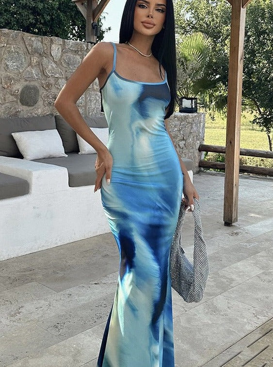 Blue Tie Dye Sleeveless Maxi Dress