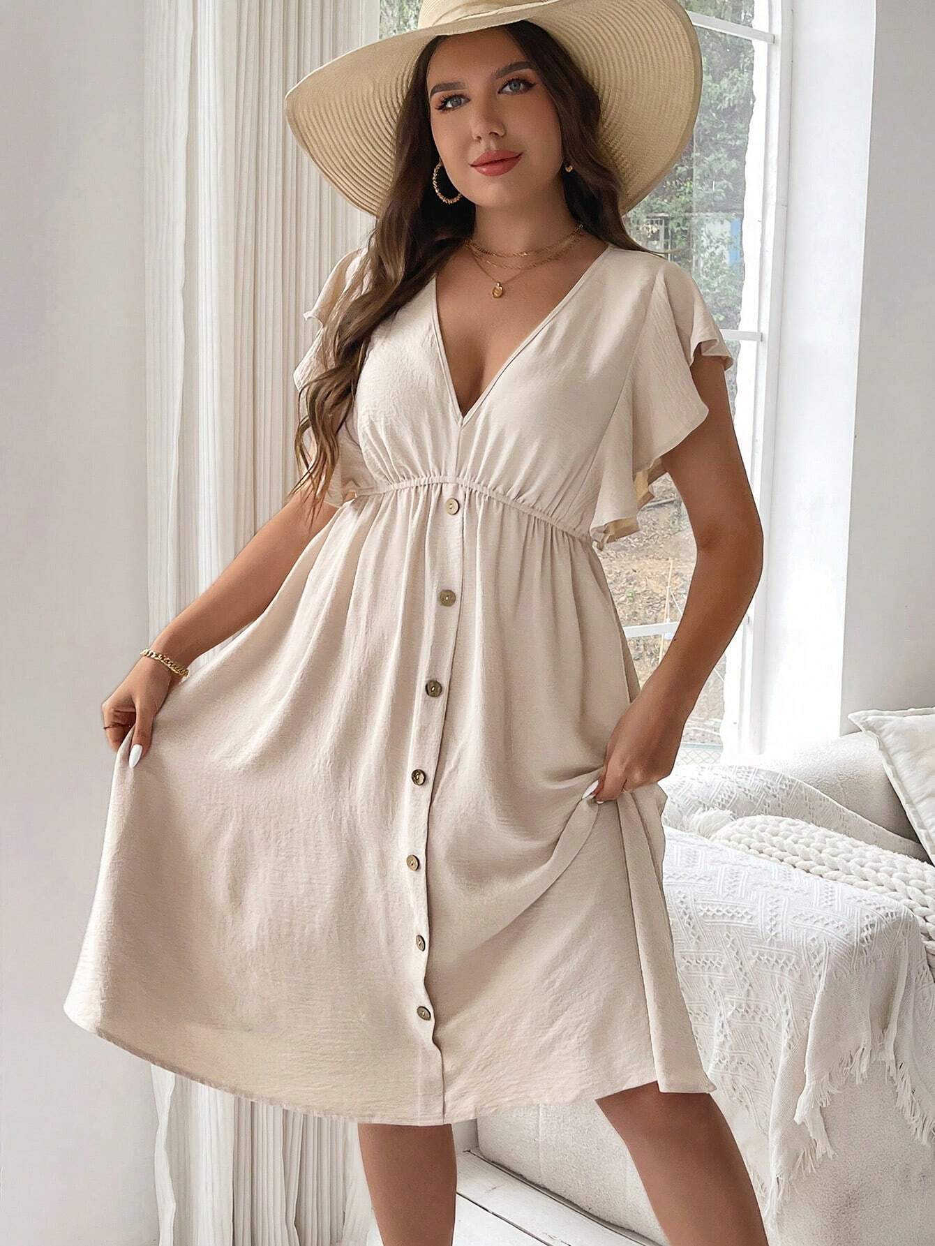 Vestido de verano con botones y escote en V de talla grande 