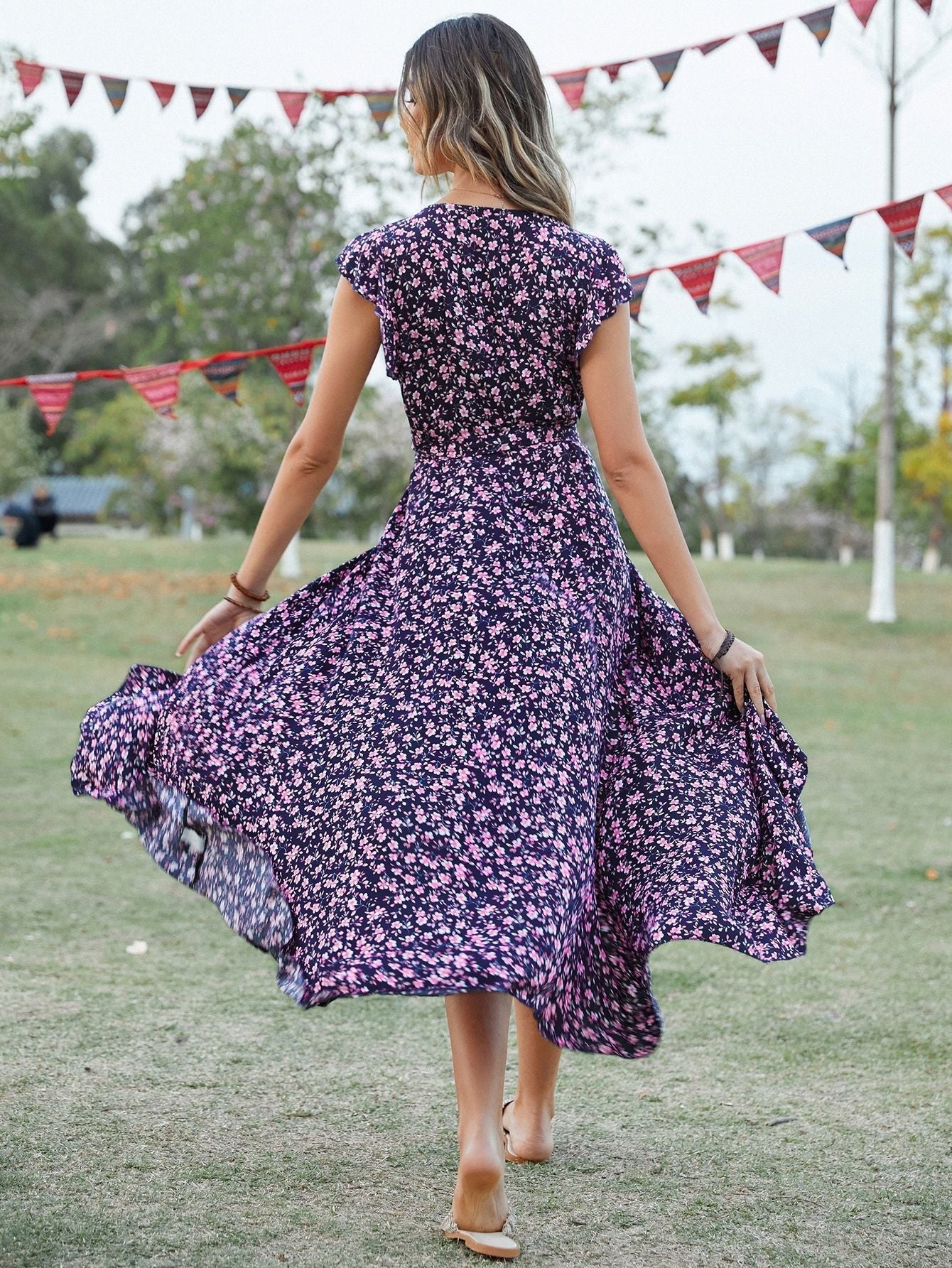 Vestido midi de algodón con abertura y estampado floral estilo bohemio 