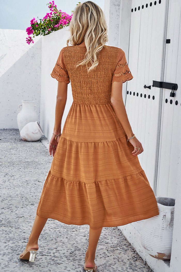 Casual Solid Crochet Lace Sleeve A-Line Midi Dress