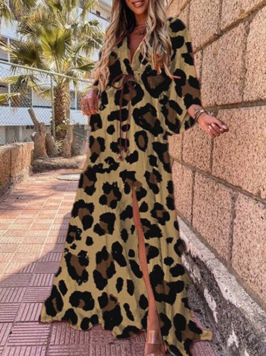 Vestido largo con escote en V, cordones y estampado de leopardo marrón