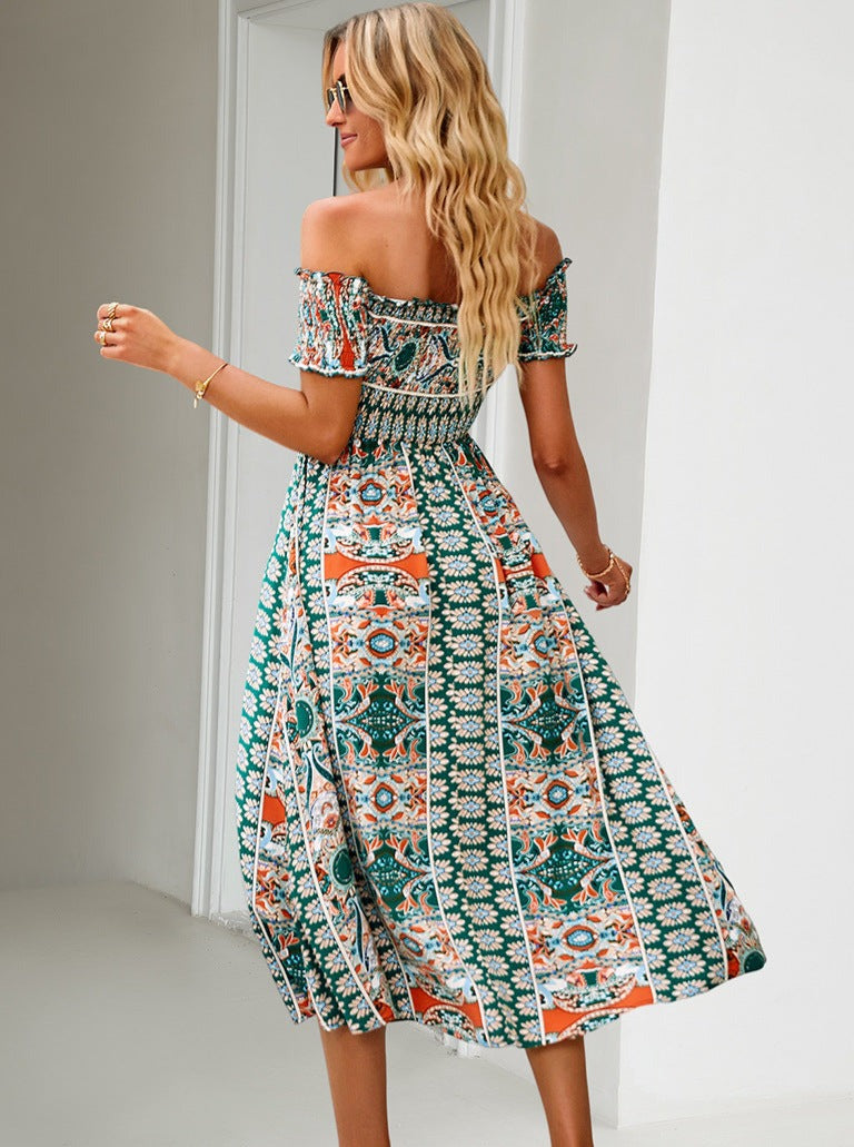 Green Off Shoulder Bohemian Printed Dress