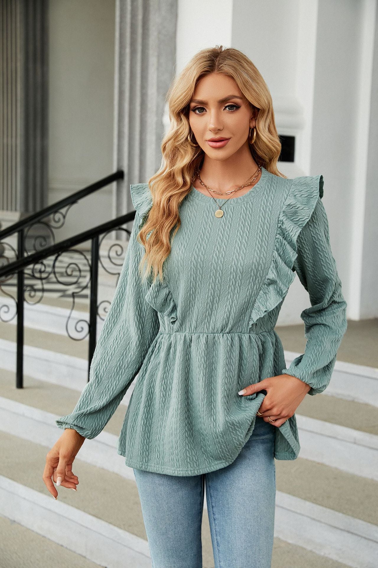 Classic Deep Green Long Sleeve Round Neck Ruffle Blouse