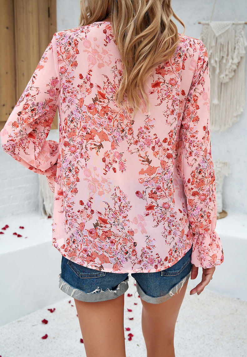 Pink Casual Laced Floral Printed Long Sleeve Shirt