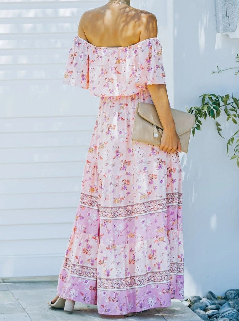 Vestido largo con hombros descubiertos y estampado retro floral rosa