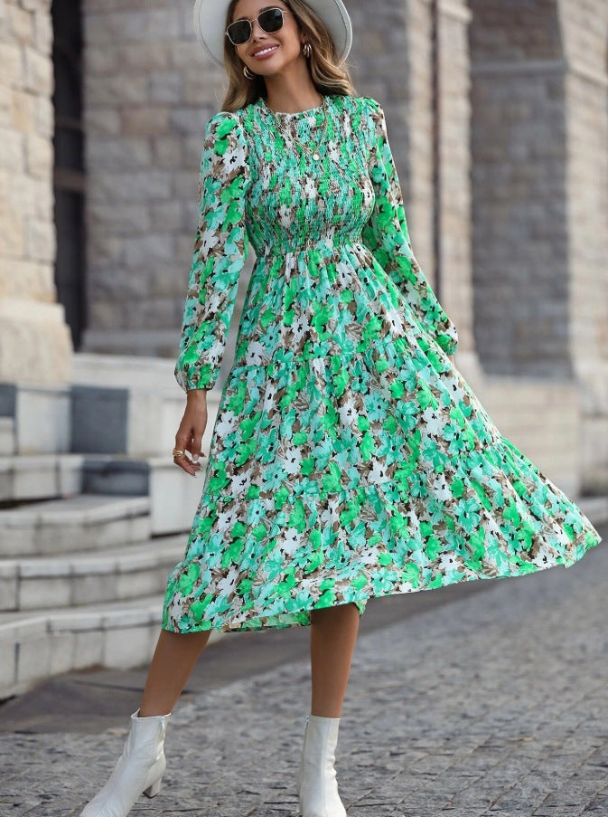 Vestido acampanado con mangas farol y estampado floral