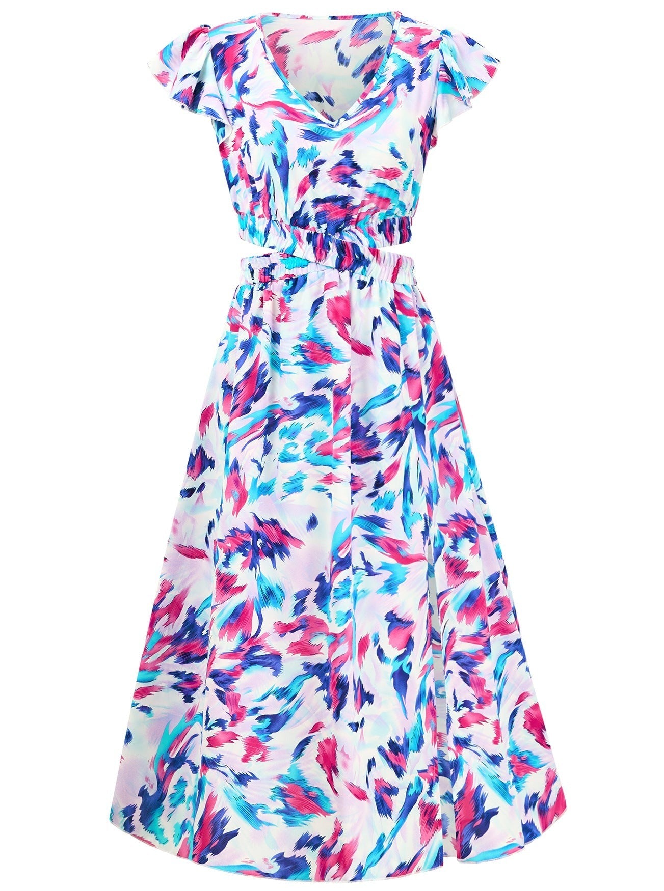 Vestido midi con escote en V y volantes con estampado floral de verano 