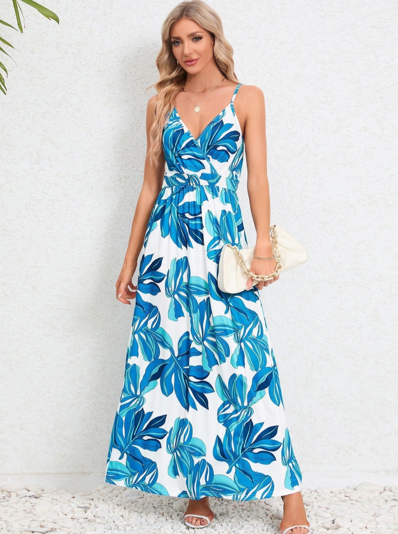 White Blue Tropical Printed Long Dress