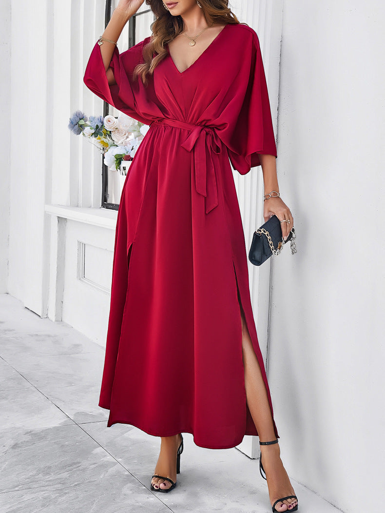 Elegantes Wickelkleid, Rotes Maxi-Kleid mit V-Ausschnitt und Taillengürtel