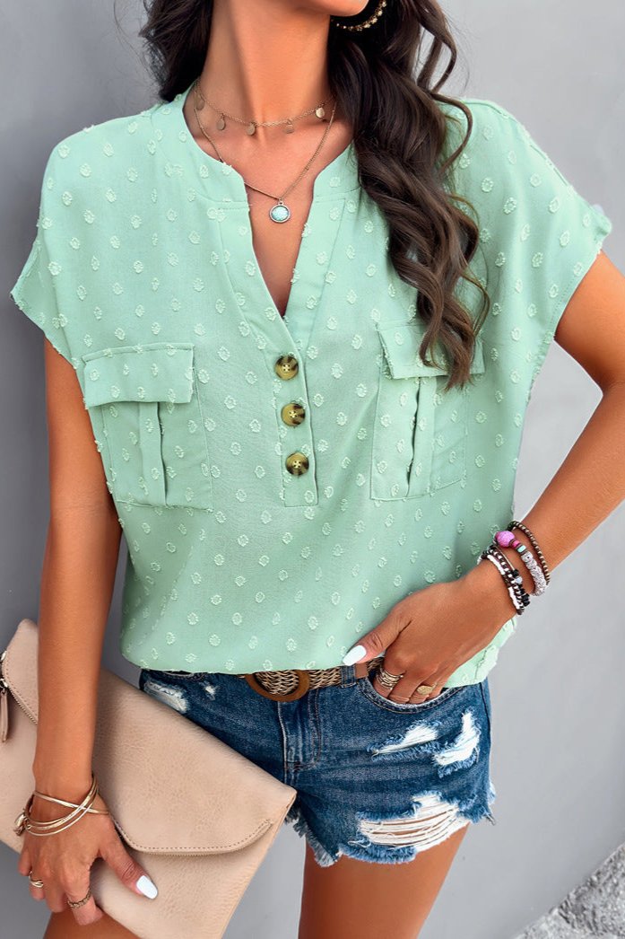 Blusa elegante color aguamarina con escote en V y mangas cortas bordadas 