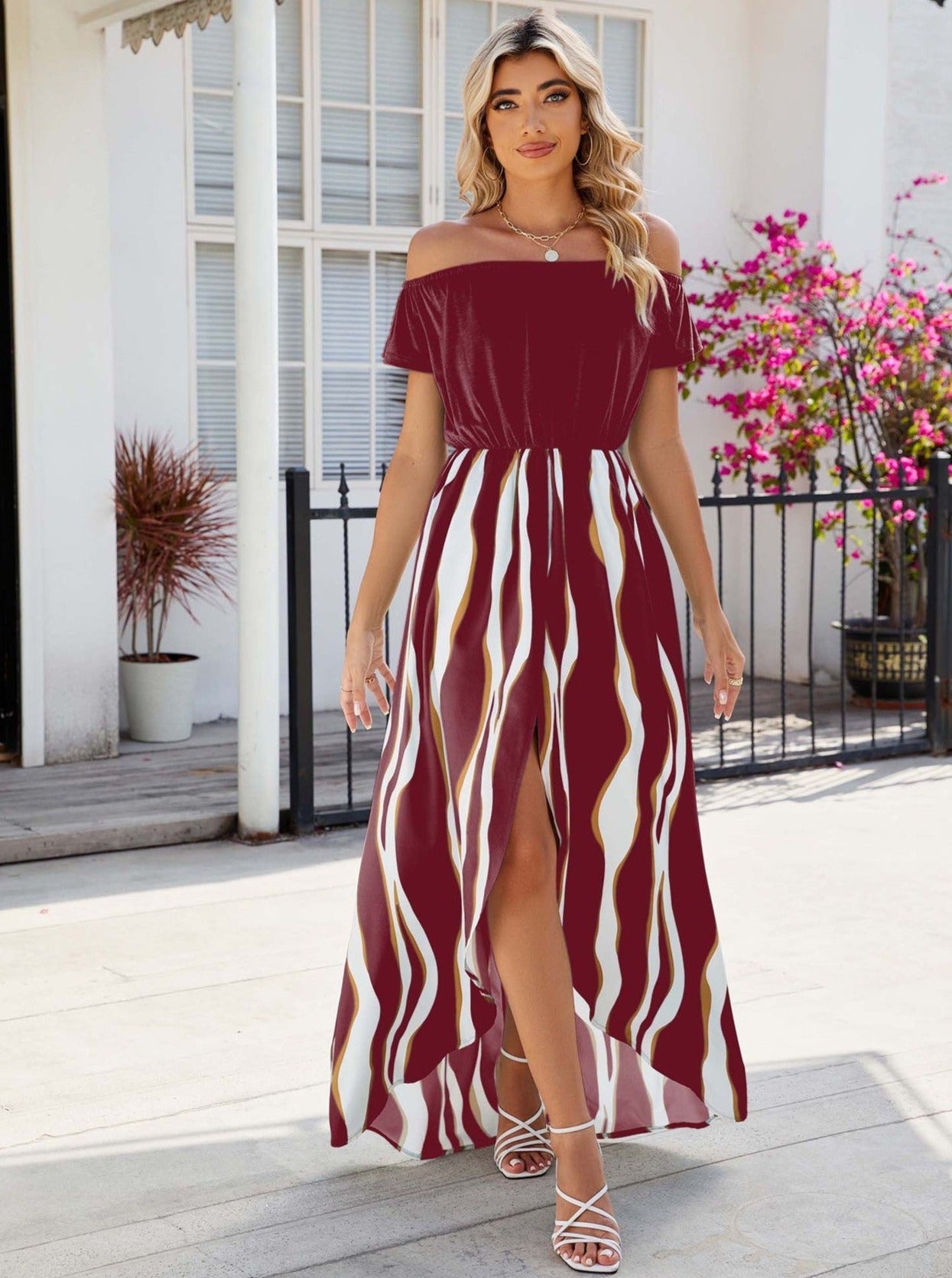 Boho Maxikleid mit Shorts Off-Shoulder Gestreift Sommer Chic Mode