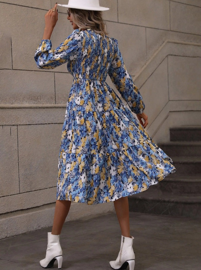 Vestido acampanado con mangas farol y estampado floral