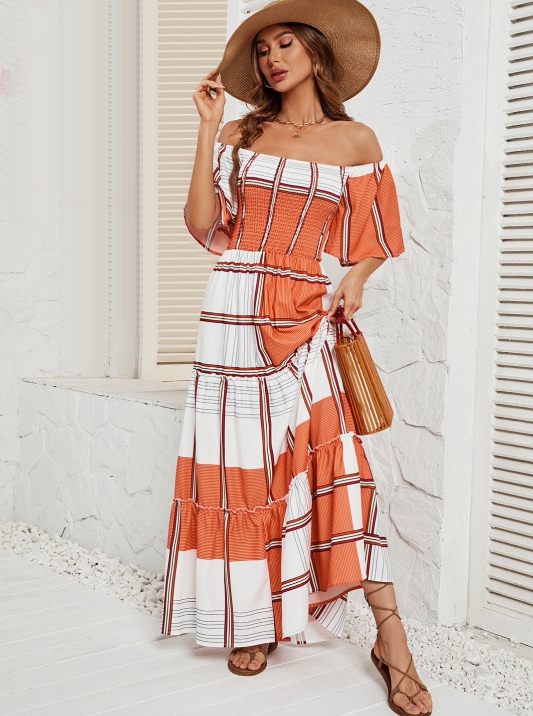 Off Shoulder Short Sleeve Ruffle Dress