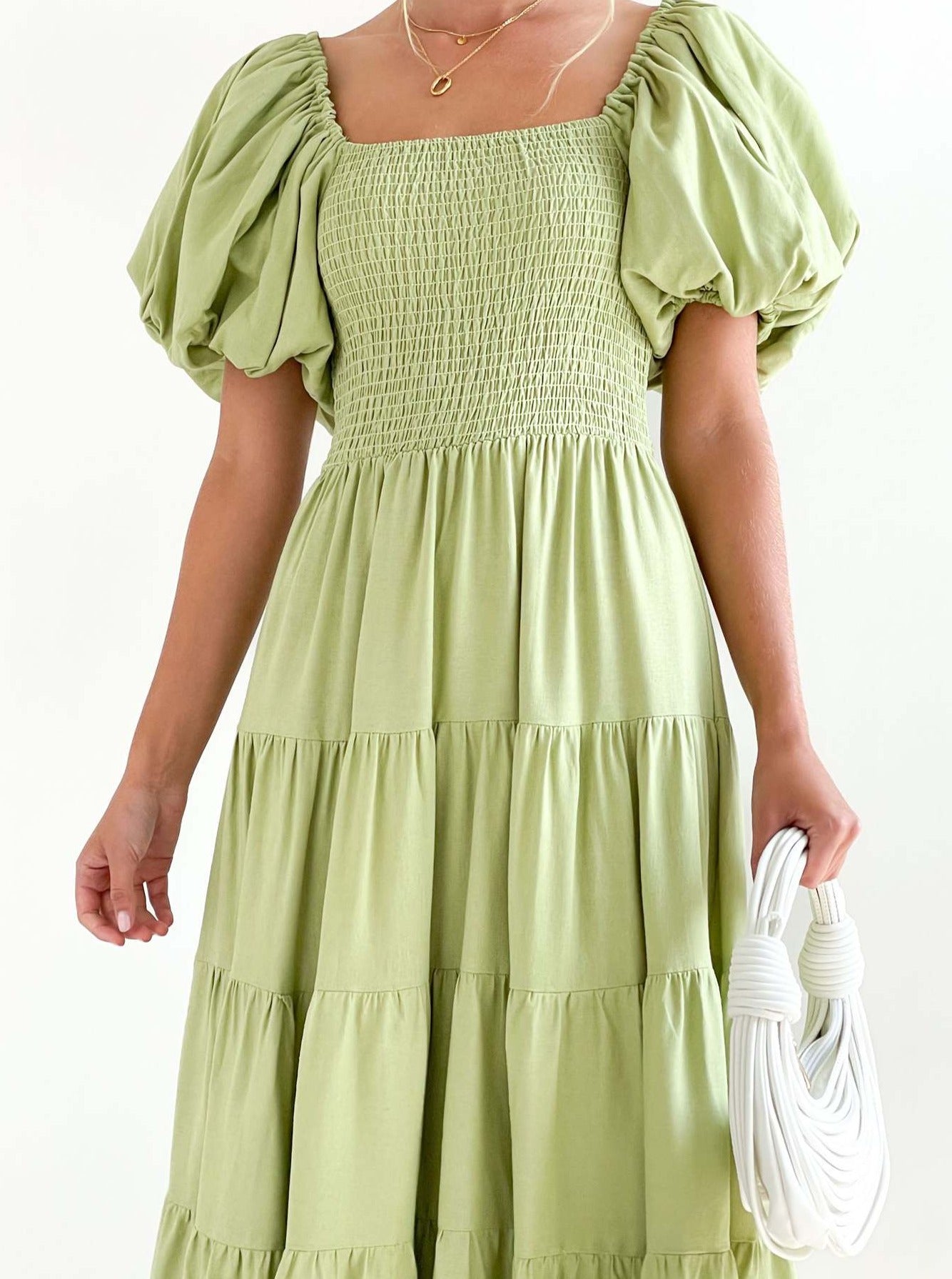 Smocked Square Neck Puff Sleeve Dress