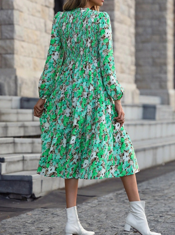 Vestido acampanado con mangas farol y estampado floral