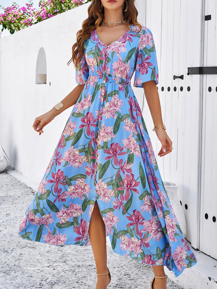 Vestido amplio con vuelo y estampado floral azul