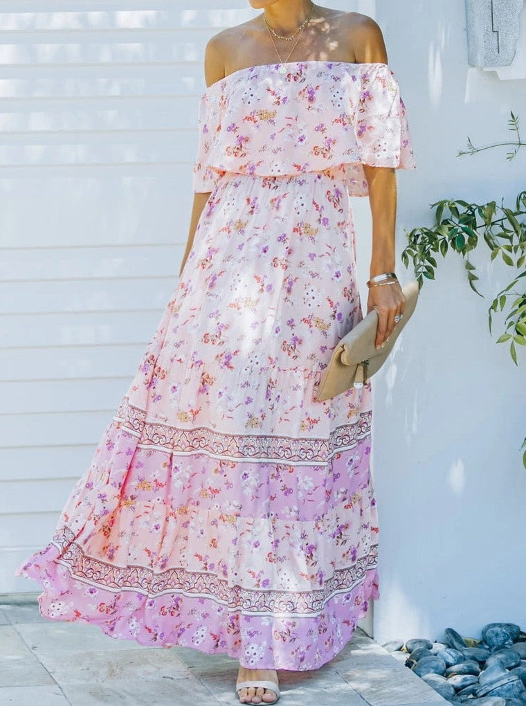 Vestido largo con hombros descubiertos y estampado retro floral rosa