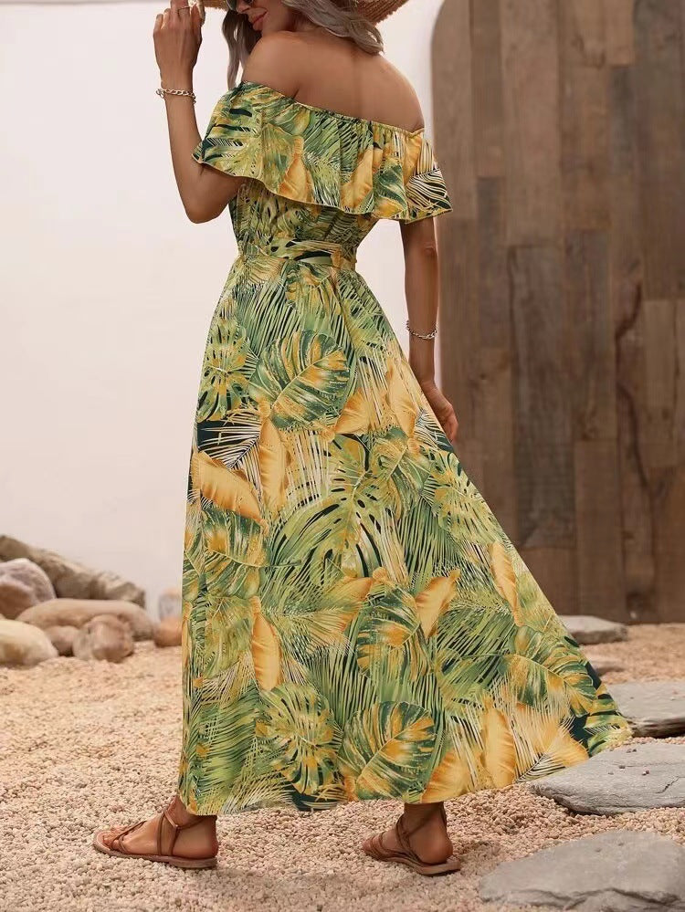 Elegant Off Shoulder Tropical Printed Slit Dress