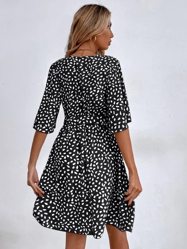 V-Neck Overall Printed Half Sleeve Dress