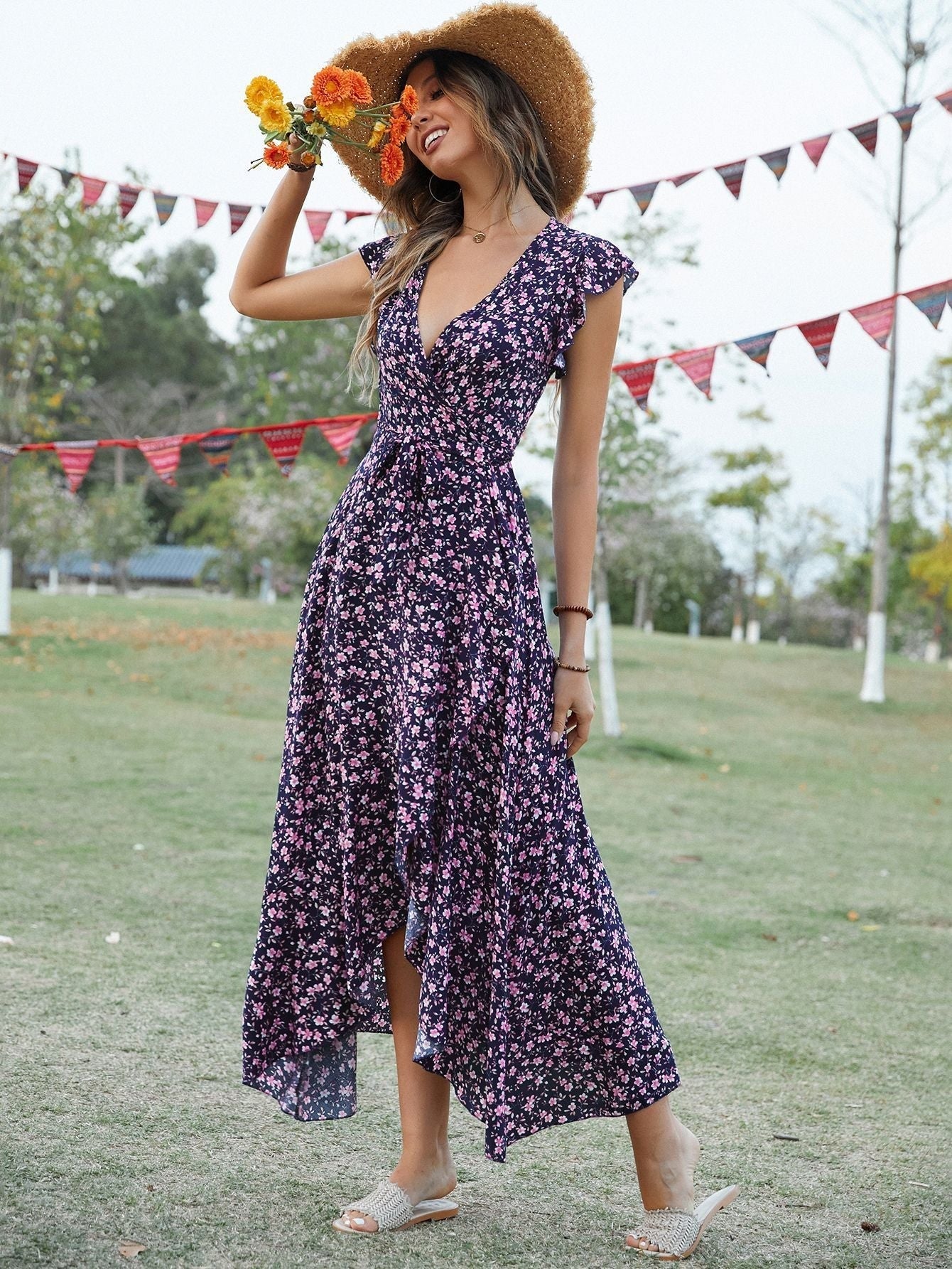 Vestido midi de algodón con abertura y estampado floral estilo bohemio 