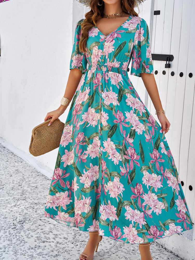 Vestido amplio con vuelo y estampado floral verde 