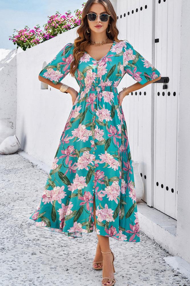 Vestido midi elegante de verano con escote en V y abertura lateral con flores