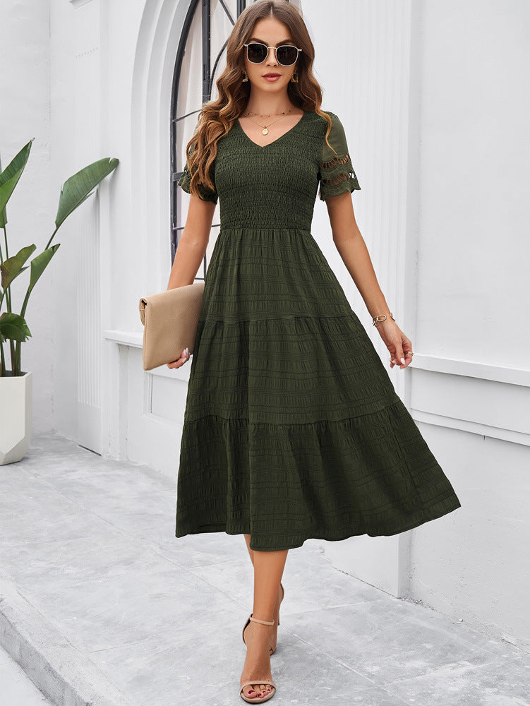 Dark Green Women's Lace Casual Mesh Midi Dress