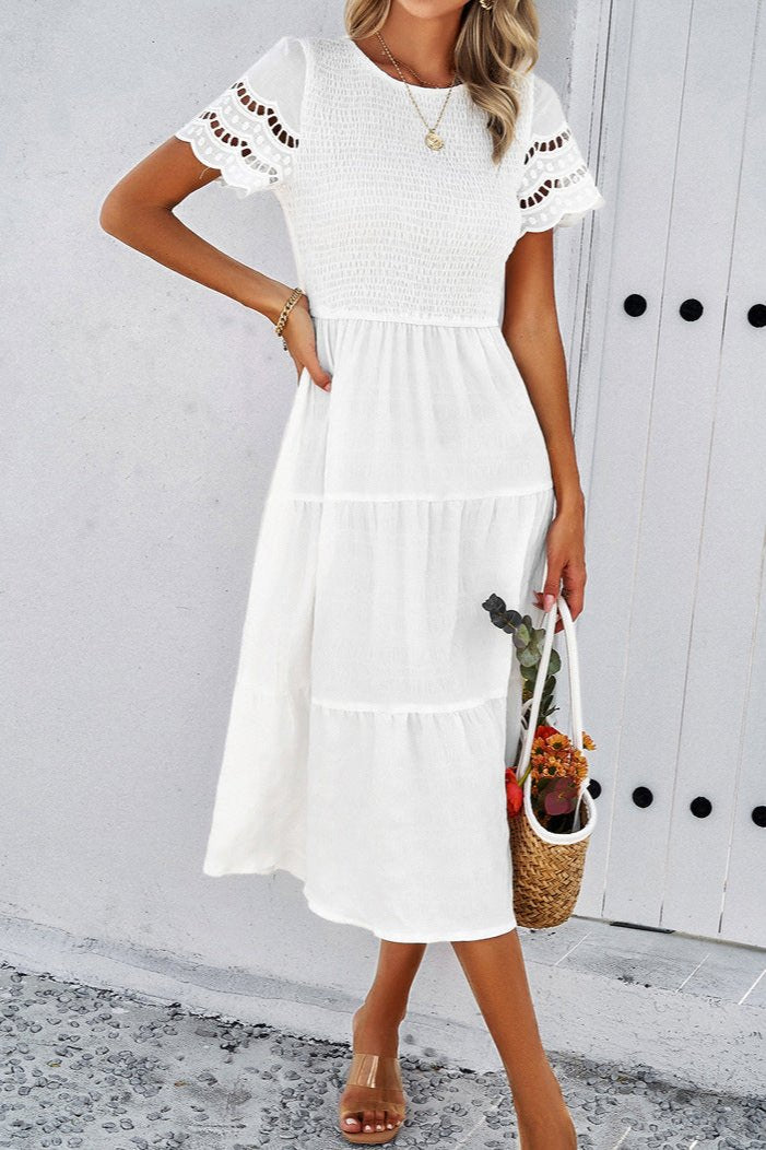 Vestido midi informal de color blanco liso con encaje de crochet y mangas en forma de A 